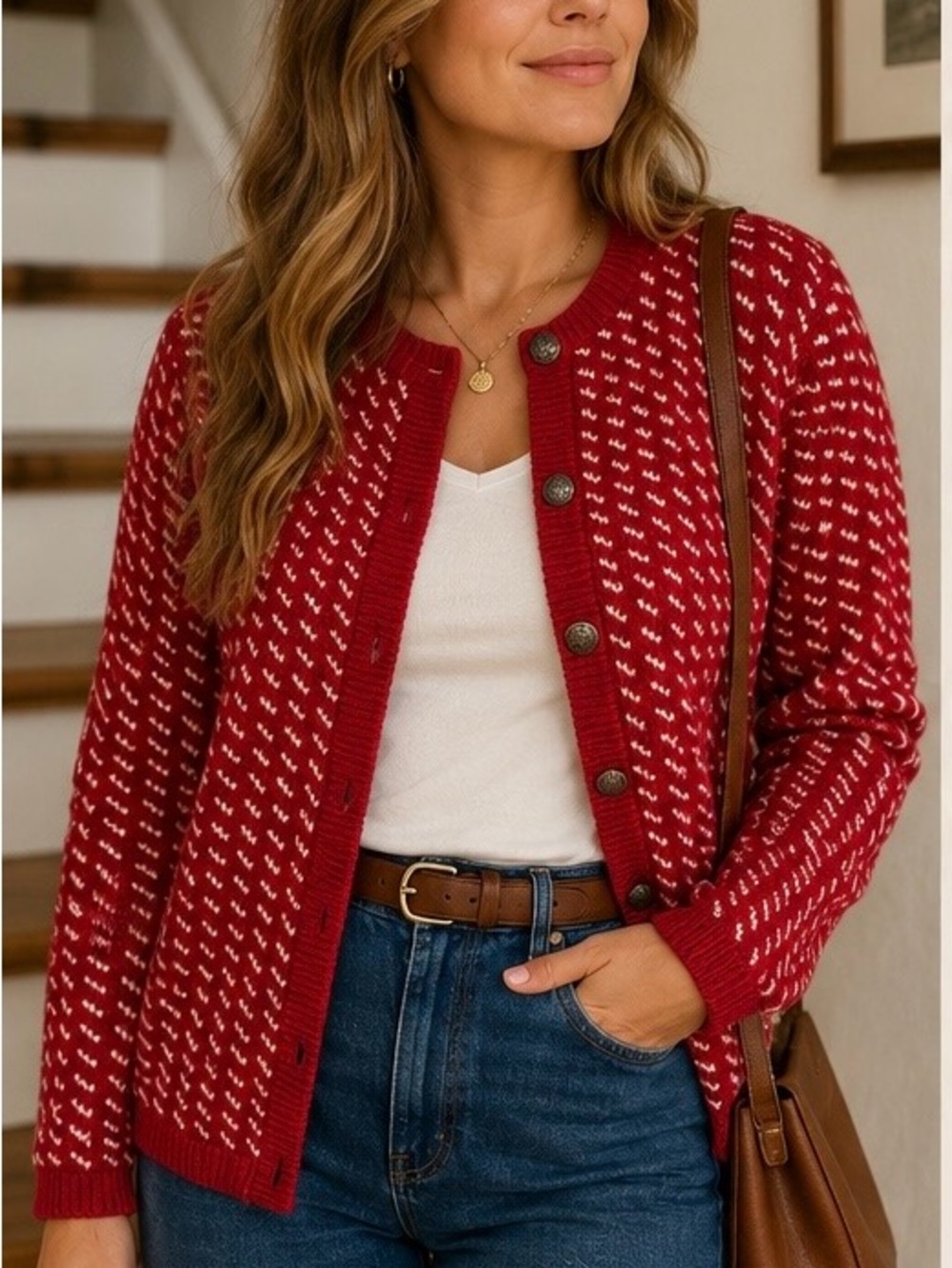 Vintage L.L.Bean Red Birdseye Cardigan Sweater Women’s L Cotton Wool